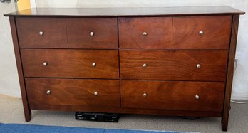 Large Double Dresser - Dark Cherry Wood Finish, Contemporary Bedroom Storage Chest With Silver Knobs