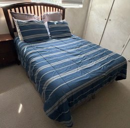 Queen Size Bedroom Set - Dark Wood Arched Slat Headboard, Mattress, Blue Bedding, Comforter & Pillows
