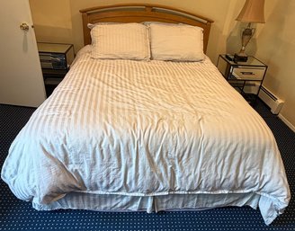 Wood Bed With Arched Panel Headboard - Honey Oak Finish, Mattress, White Striped Bedding & Pillows