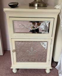 French Country Cream Nightstand- Beveled Mirrored Drawer & Cabinet With Fleur-de-Lis Design