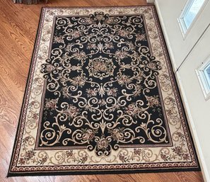 Traditional Oriental Style Area Rug- Black & Ivory Floral Scrollwork Design 47.5' X 63'