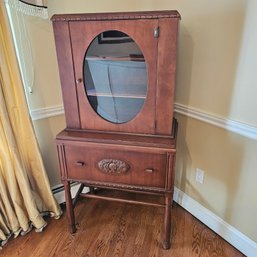 Vintage Wood China Display Cabinet & Buffet- Oval Glass Door, Carved Floral Detail, Hutch