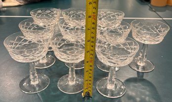 Set Of 10 Vintage Cut Glass Champagne Coupe Glasses - Diamond Cut Pattern, Faceted Stems 5.25'