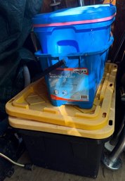 Lot Of 4 Heavy Duty Storage Containers - 2 Blue Totes And 2 Black Bins With Yellow Lids