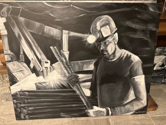 Original Signed Monochrome Industrial Worker Painting Drawing Welder With Rebar, Large Canvas Art