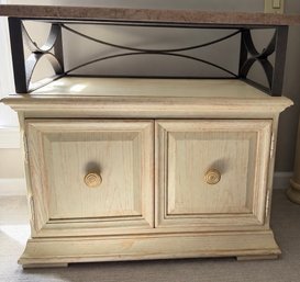 Thomasville Cream Distressed Finish Nightstand Side Cabinet - 2 Door Storage With Gold Knobs, 32'W