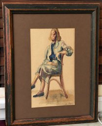 Signed Framed Watercolor Portrait Of Seated Woman In Distressed Wood Frame  18' X 22.5'