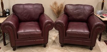 Pair Of Broyhill Burgundy Leather Club Chairs With Nailhead Trim, Traditional Accent Seating