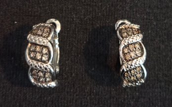 925 Sterling Silver Champagne Stone Hoop Earrings, Pave Style Huggie Earrings 6g