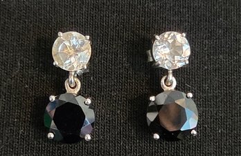 925 Sterling Silver Black And Clear Faceted Stone Dangle Earrings