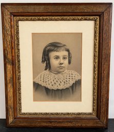 Antique Framed Charcoal Portrait Of Young Girl  Vintage Victorian Style Artwork 22' X 26'