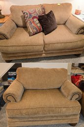 Matching Beige Chenille Loveseat & Oversized Chair With Nailhead Trim And Accent Throw Pillows