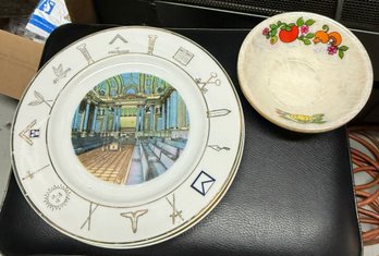 Four Masonic Temple Display Plates And Crazed Fruit-Decorated Bowl