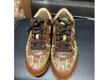 Michael Kors-Marked Brown Monogram Lace-Up Sneakers with Gold-Tone Trim