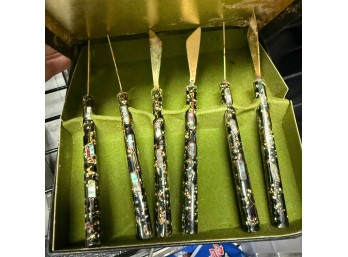 Vintage Set Of 6 Decorative Serving Utensils  Mother Of Pearl Inlay Handles, Presentation Box