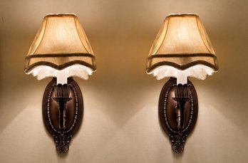 Pair Of Traditional Bronze-Tone Wall Sconces With Fabric Shades Working