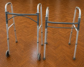 Pair Of Adjustable Folding Walkers, One With Wheels, Mobility Walking Aids