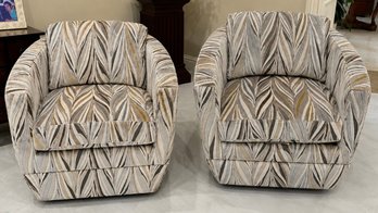 Pair Of Contemporary Swivel Barrel Accent Chairs In Abstract Upholstery 32'W