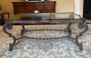 Ornate Wrought Iron & Glass Coffee Table Scroll Base Decorative Cocktail Table