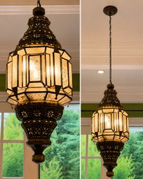 Large Moroccan Style Pierced Metal & Textured Glass Hanging Lantern Chandelier 28'H X 12' W WORKS