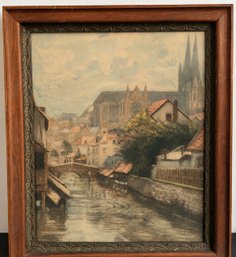 Antique European Cathedral & Canal Landscape Print In Ornate Wood Frame, 20' X 24'