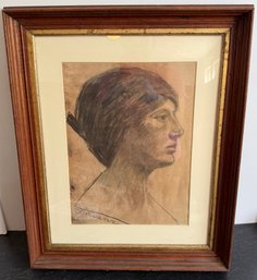 Framed Signed Portrait Drawing Of Woman Charcoal/Pastel Portrait 21 X 18