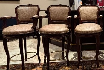 Lot Of 3 Traditional Upholstered Swivel Bar Stools With Carved Wood Frames & Brass Tone Footrests