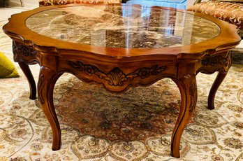 French Provincial Carved Wood Coffee Table With Marble Top Cocktail Table
