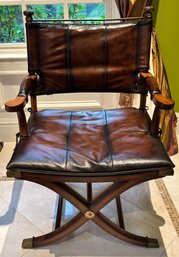 Leather Safari Campaign Folding Armchair With Wood Frame & X-Base
