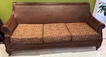 Designer Woven Rattan Style Sofa With Paisley Cushions Coastal Tropical Island Style 74'W