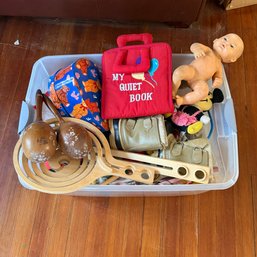 Large Lot Of Wooden Toys, Baby Doll, Plush, Maracas & Childrens Play Items