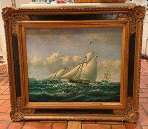 Signed Seascape Sailing Ships Oil Painting, Nautical Marine Art In Ornate Frame, 40.5'W X 35'H