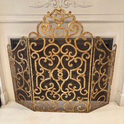 Large Ornate Gold-Tone 3-Panel Fireplace Screen With Scrollwork & Mesh Insert 46'W X 41'H