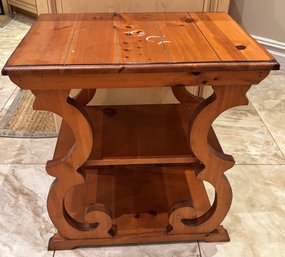 Rustic Knotty Pine End Table With Scroll Base & Two Display Shelves 25'H