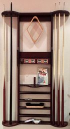 Traditional Wall-Mount Billiard Cue Rack With Ball Rack, Score Counters & Cue Accessories