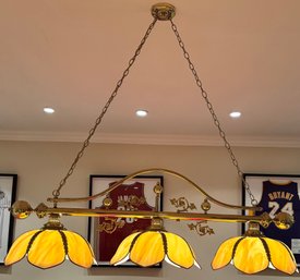 Vintage Style 3-Light Brass Billiard Pool Table Light With Slag Glass Tulip Shades