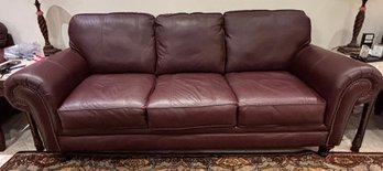 Broyhill Burgundy Leather Sofa With Nailhead Trim, Traditional Three Cushion Couch