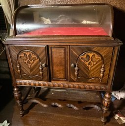 Vintage Bow Front Curio Display Cabinet With Glass Top, Carved Detail & Storage Cabinet
