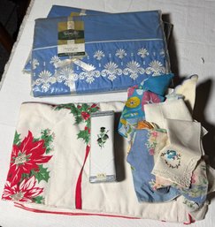 VTG Linens Lot  Wamsutta Lustercale Sheet 72' X 108', Christmas Tablecloth, Embroidered Handkerchiefs & More