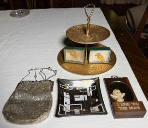 Whiting & Davis Mesh Purse, 22K Gold Decor, Cufflinks, Mid Century Tray & Decorative Collectibles