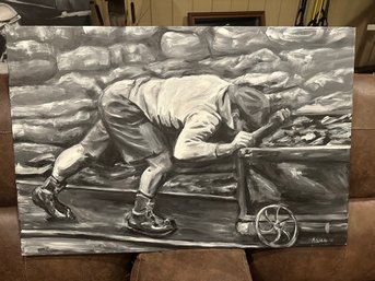 Original Signed M.S. Holt '77 Monochrome Coal Miner Painting - Mine Cart & Worker