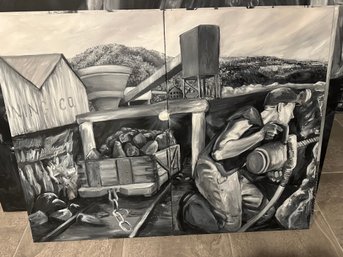 2-Piece Original Monochrome Coal Mining Paintings - Miner With Drill & Loaded Mine Cart