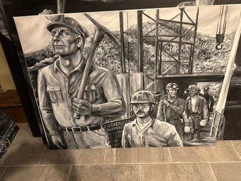 Original Signed Monochrome Coal Mining Painting - Miners, Pickaxe & Mine Shaft Industrial Art