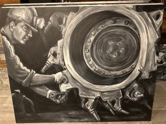 Original Signed Monochrome Industrial Miner Painting - Worker & Large Mining Machinery Canvas
