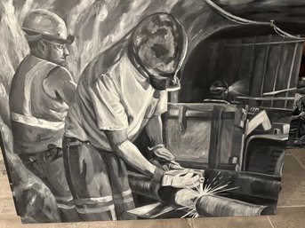 Original Monochrome Industrial Welding Painting - Workers, Machinery & Sparks, Large Canvas Art