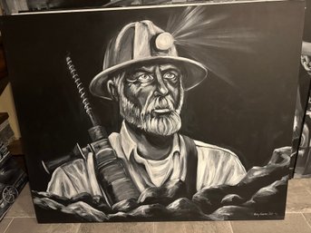 Original Signed Monochrome Miner Portrait Painting - Coal Miner With Headlamp, Large Canvas Art