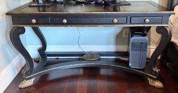 Century Furniture Black & Gold Executive Writing Desk With Three Drawers & Scroll Legs