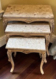 Marble Top Nesting Tables Set Of 3 Carved Wood Accent End Side Tables