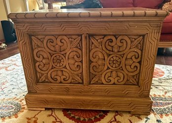 Hand Carved Wooden Blanket Chest Storage Trunk With Ornate Floral Panels & Hinged Lid