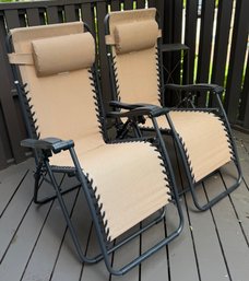 Pair Of Zero Gravity Reclining Patio Lounge Chairs, Tan Mesh, Headrests, Adjustable Outdoor Recliners